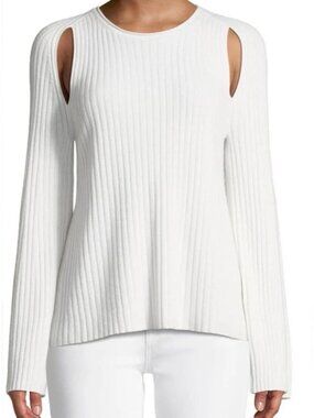 VINCE Women's Cashmere Cream Ribbed Shoulder Slit Belll Sleeve Sweater, Size M